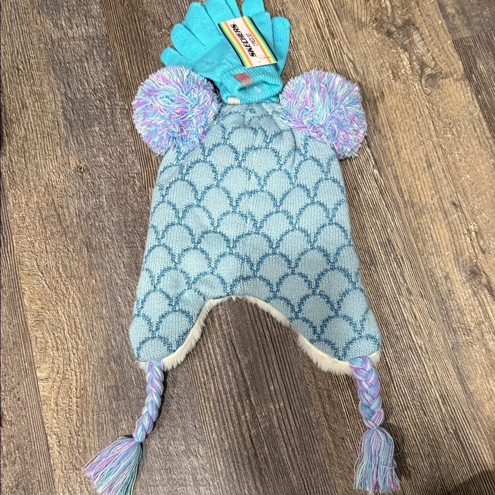 Skechers Mermaid Kids Hat with Pom Poms - Blue and White